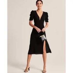 NWT Abercrombie Black midi dress with puff sleeves and open back